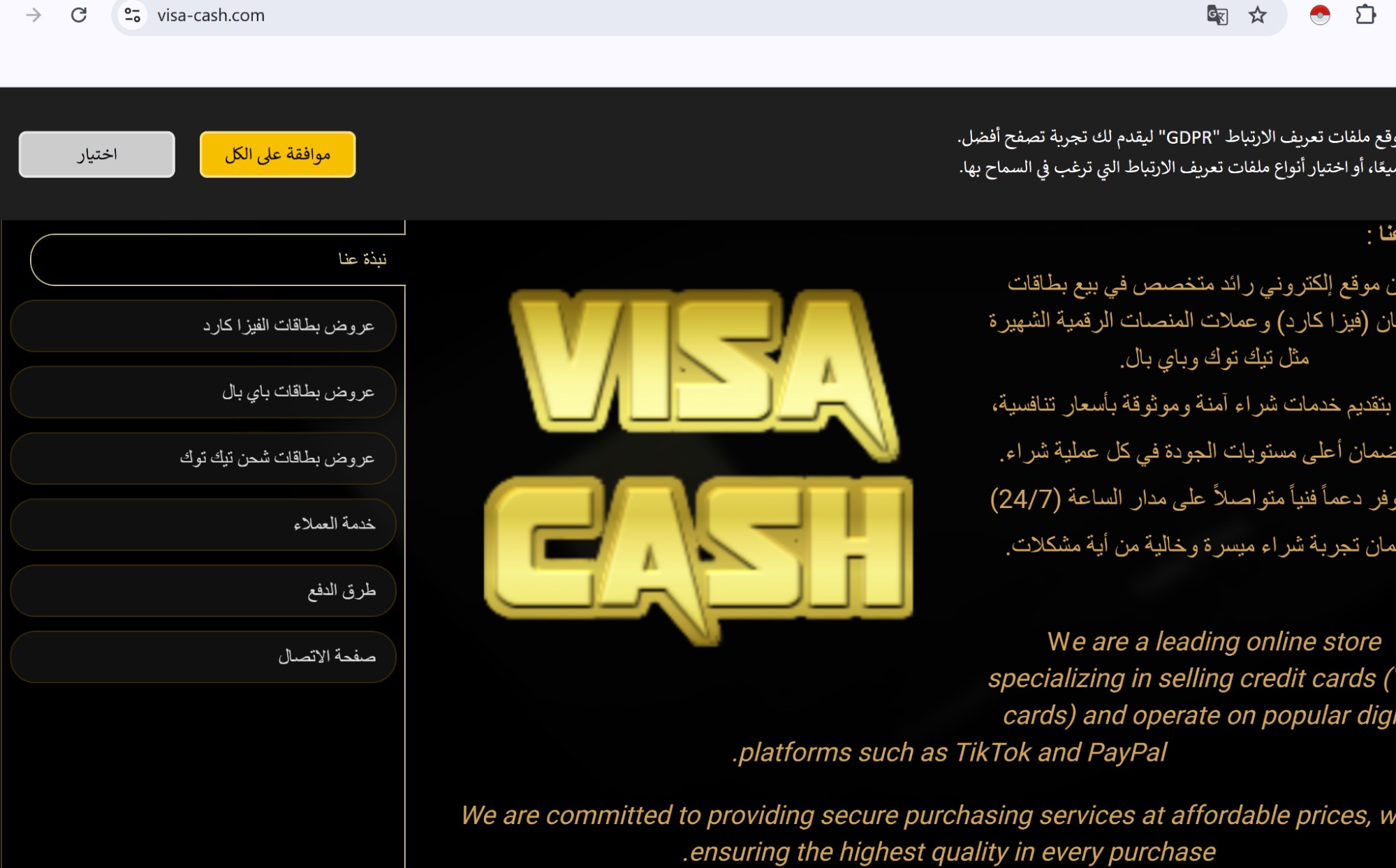 Figure 22: A website (Visa Cash) was found to be providing cards from PayPal and Visa while not confirming how the cards were sourced.