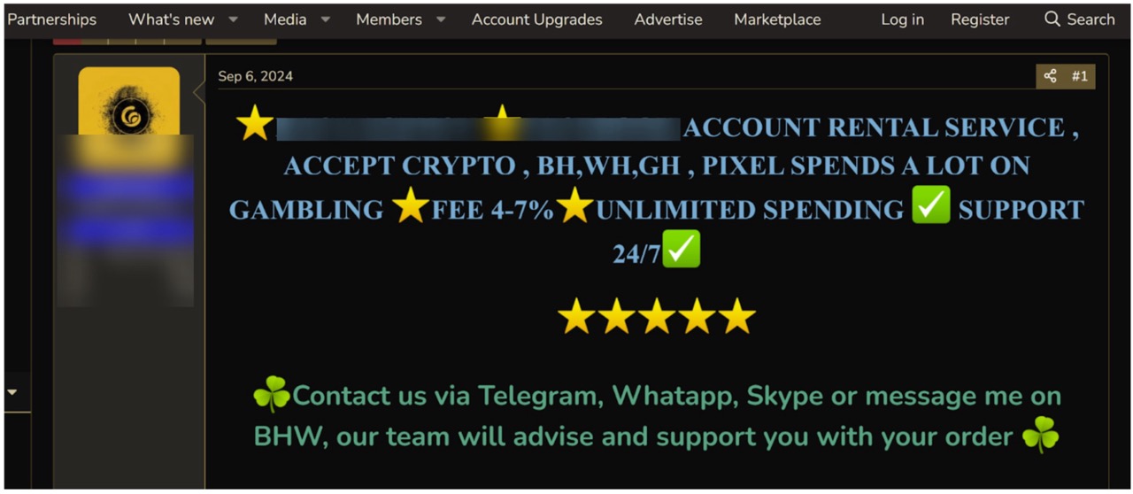 Figure 6 Various services for ad account rental services that prefer transactions via crypto, making traceability difficult