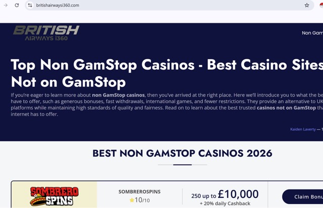 Figure 14 - Domain impersonating British Airways through; a. unverified and likely falsified content and b. casino themes