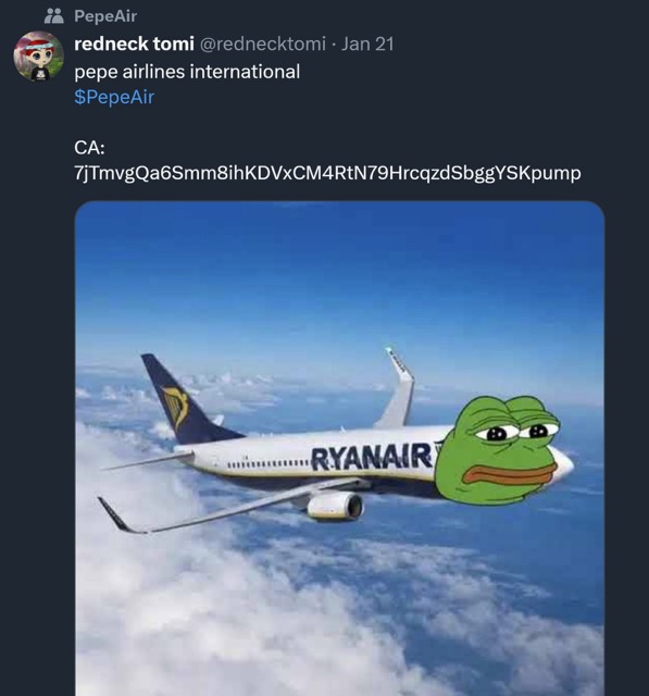 Figure 21 - Meme coin campaign targeting Ryanair surged on X communities after the online spat started gaining media traction