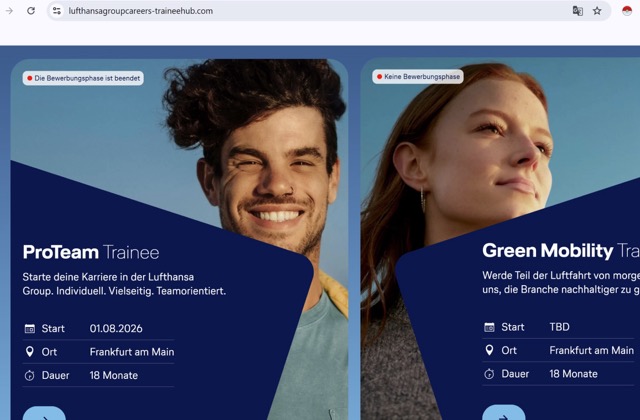 Figure 22 - German language “trainee portal” registered to attract transitioning professionals at Lufthansa