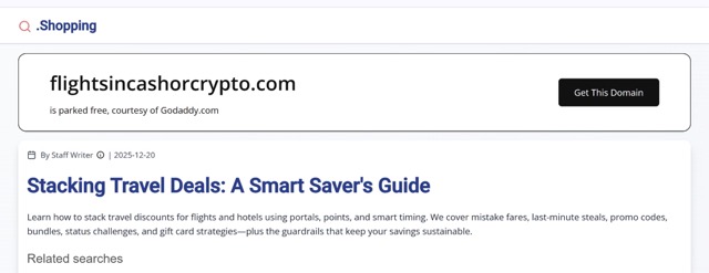 Figure 5 - Sites claiming to accept cryptocurrencies as method of payment for booking flights. Parked domains like these often indicate BEC campaigns in the background