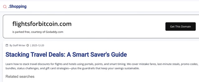 Figure 6 - Sites claiming to accept cryptocurrencies as method of payment for booking flights. Parked domains like these often indicate BEC campaigns in the background
