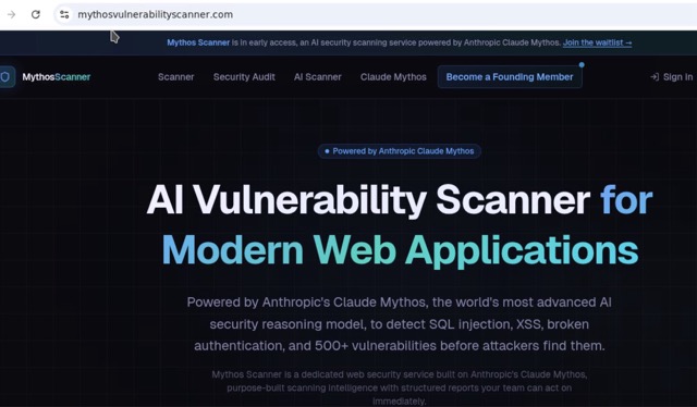 Figure 3 - Security focused, Mythos-based domains appeared right after the announcement, offering vulnerability scanners and other offerings leading to an AI-trust abuse ecosystem