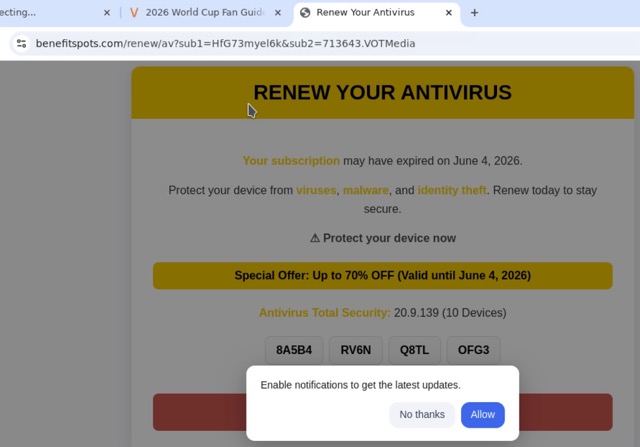 Figure 13 - Final-stage landing page observed within the redirection chain, presenting a fake antivirus renewal offer