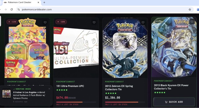 Figure 6 - Pokémon-themed e-commerce infrastructure advertising premium sealed products and collector items