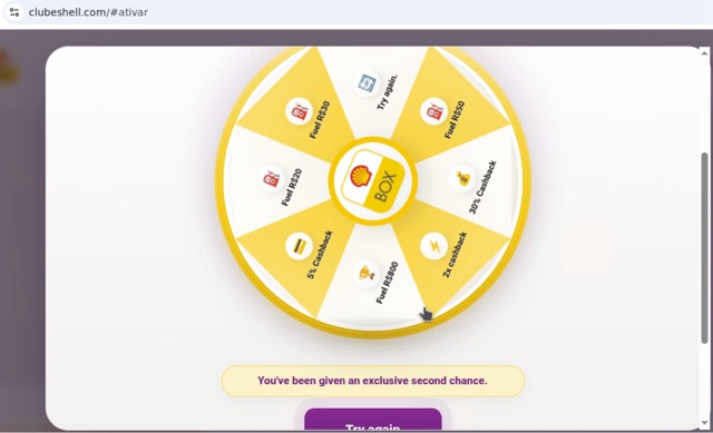 Figure 8b - Multi-stage Shell-themed rewards campaign progressing starting with a promotional landing page and prize wheel interaction