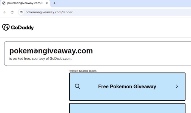 Figure 9 - Parked domain leveraging Pokémon giveaway-themed branding, although currently inactive
