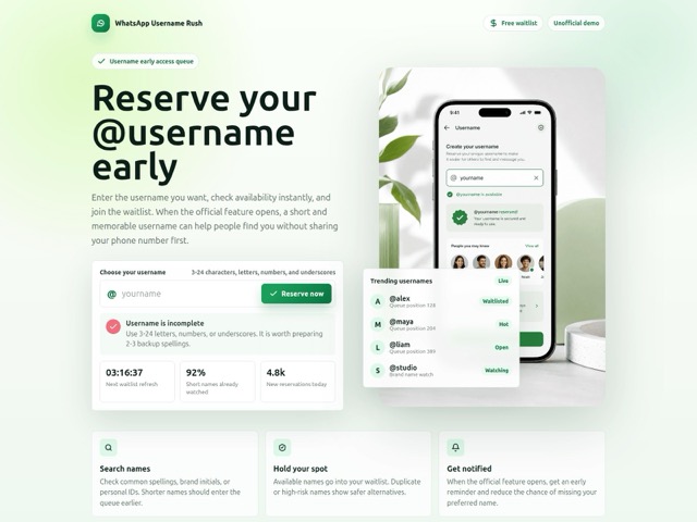 Figure 1 - Unofficial WhatsApp username reservation portal promoting early handle reservation
