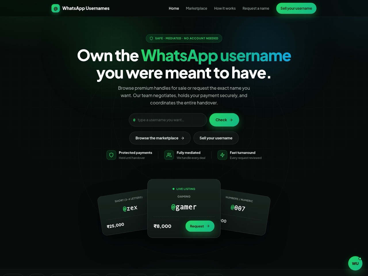 Figure 2 - Marketplace advertising the buying, selling, and brokerage of premium WhatsApp usernames
