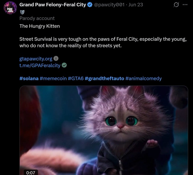 Figure 6 - GTA VI-themed social media promotion to advertise a Solana-based memecoin project and associated Telegram community