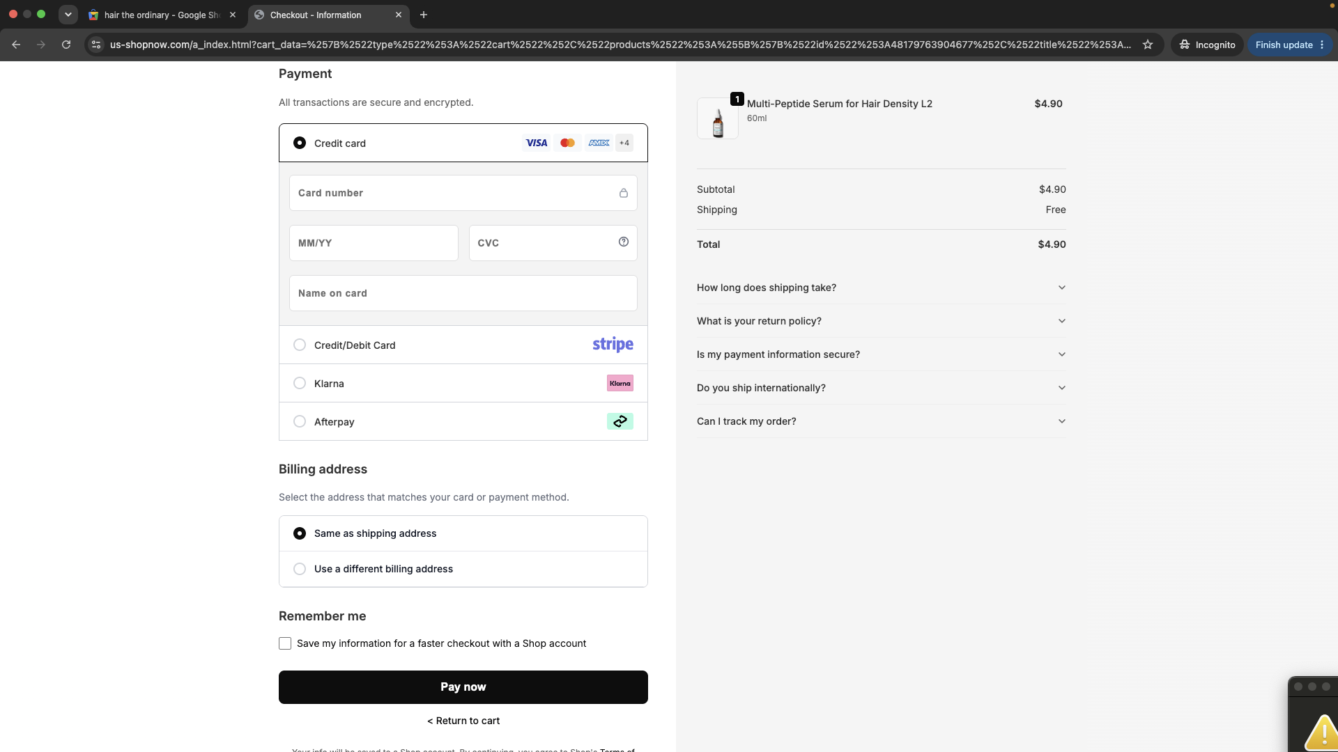 Example checkout page with credit card and fintech credential phishing