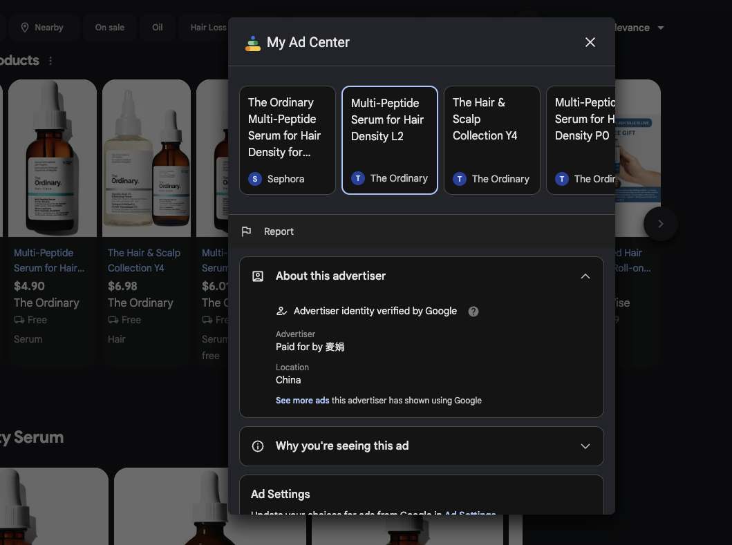 Google Ads driving traffic to fake Shopify storefronts impersonating brand The Ordinary