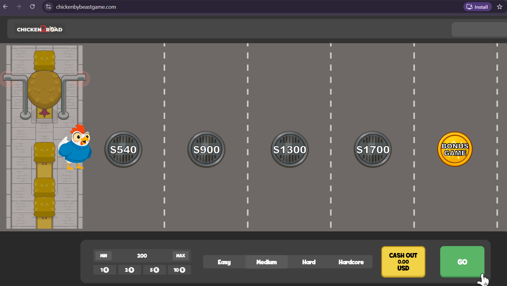 Figure 1 - chickenbybeastgame[.]com: browser “Install” PWA prompt in the address bar over a Chicken Road style betting game. Interface shows multiplier tiles ($540 to $1700), a Bonus Game tile, Cash Out controls: a gambling mechanic presented as a free game.