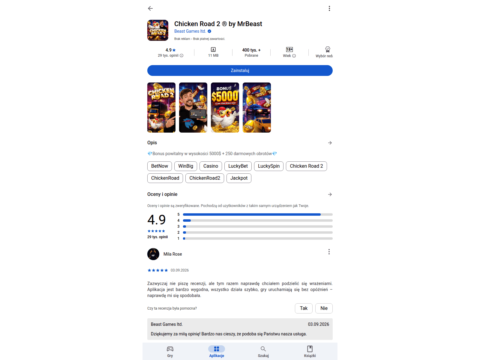 Figure 2 - Google Play listing of the game from the developer “Beast Games ltd.” (verified badge shown) with lure baits mentioned for prompt installation by the victims